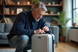Homme moyenâgeux vérifiant la serrure d'une valise en salon