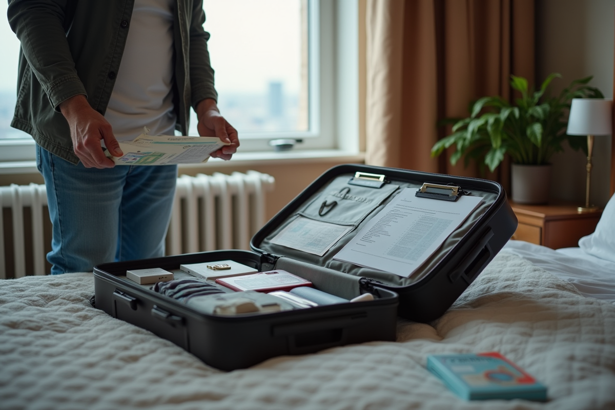 Homme vérifie ses papiers de voyage dans une chambre d
