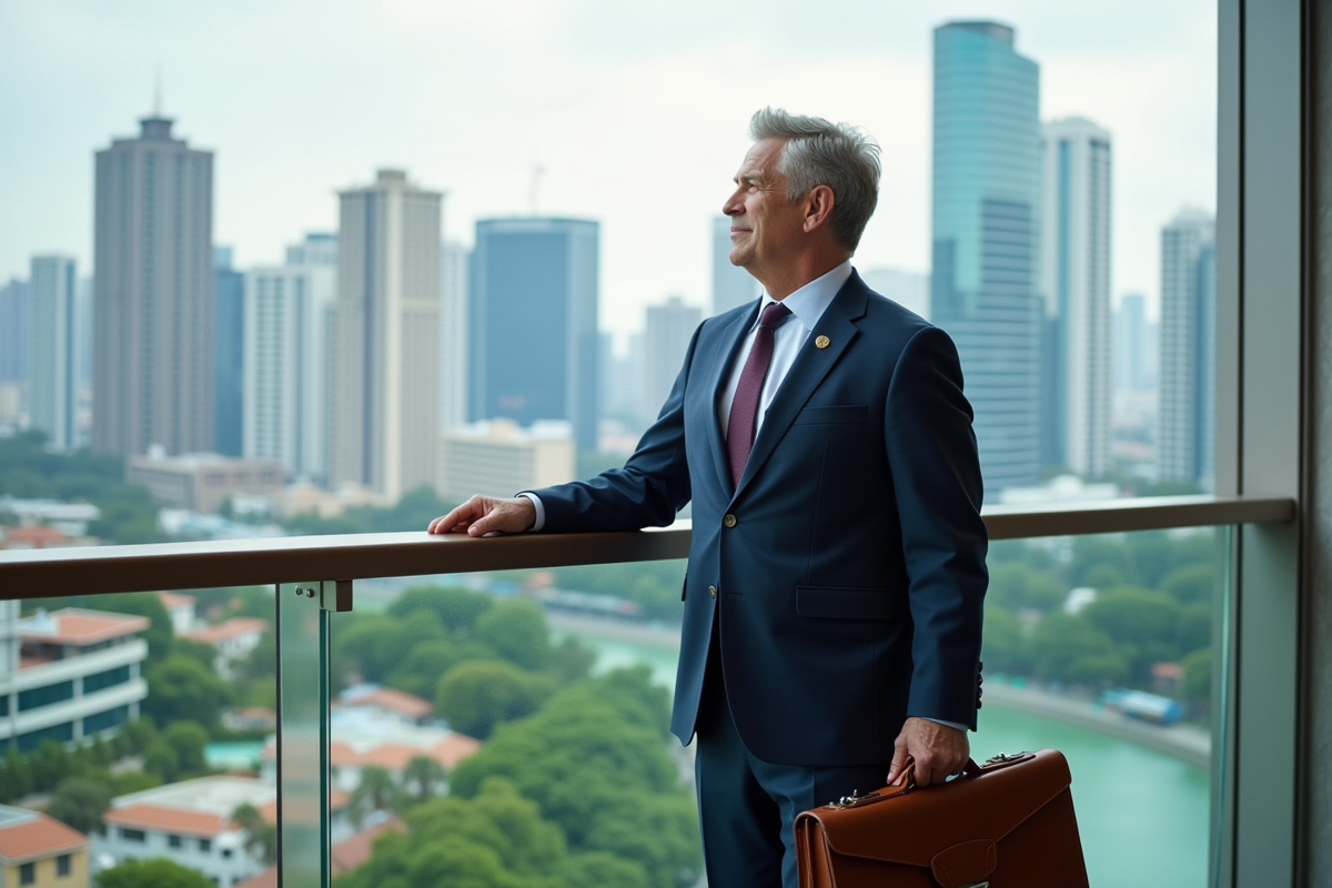 Homme en costume regardant la ville depuis un balcon