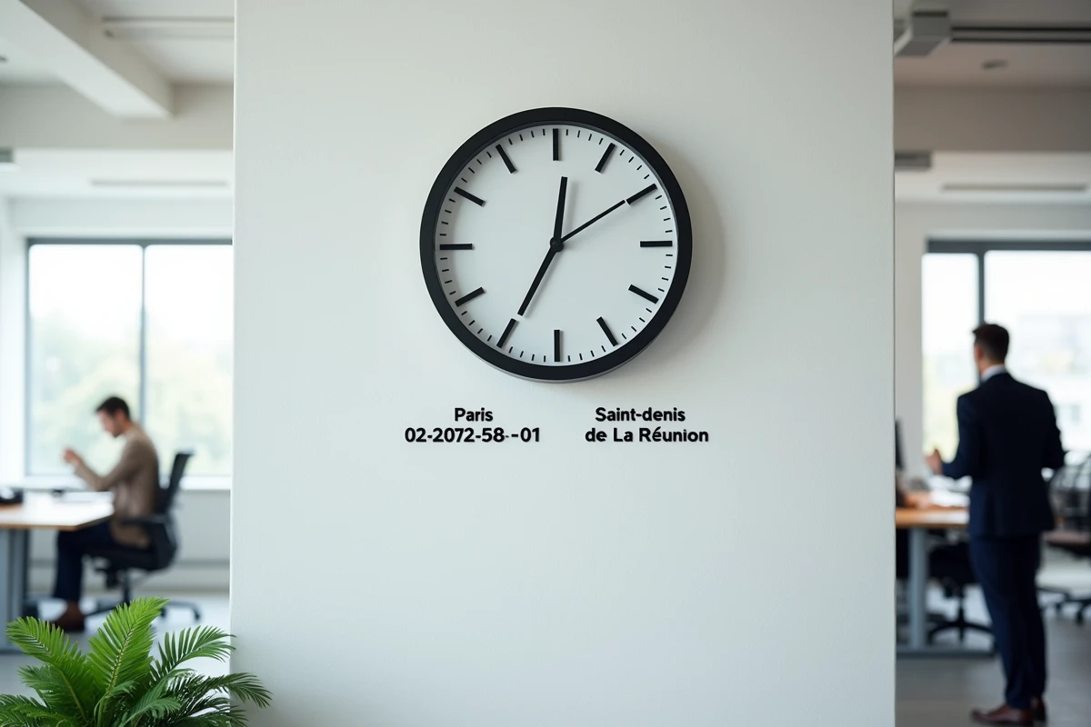 Deux horloges murales affichant l'heure de Paris et de Saint-Denis de La Réunion dans un bureau moderne