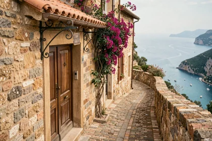 Façade en pierre d'un hôtel de charme dans le village perché d'Eze avec vue sur la mer Méditerranée