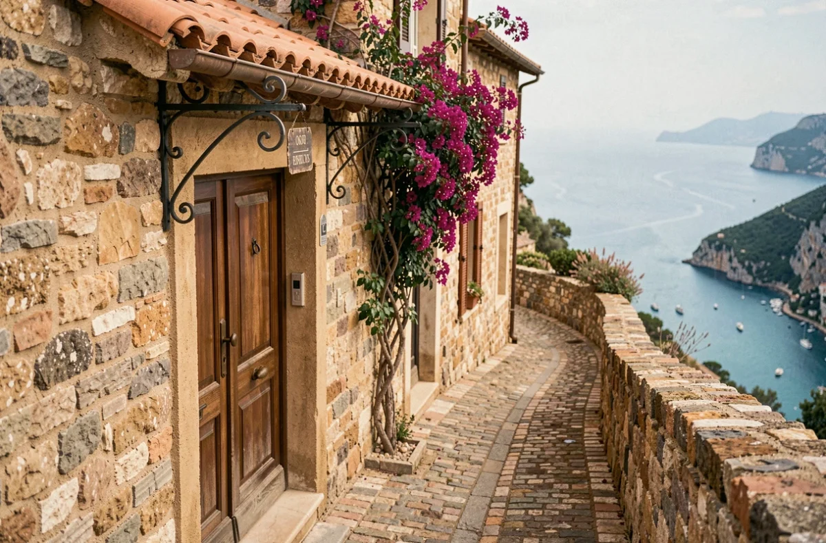 Façade en pierre d'un hôtel de charme dans le village perché d'Eze avec vue sur la mer Méditerranée