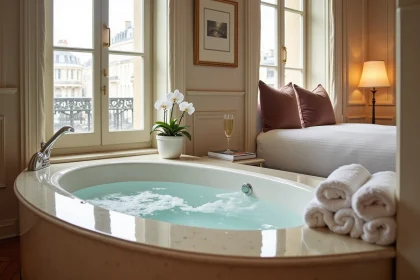 Chambre d'hôtel parisienne avec jacuzzi privatif près de la fenêtre, décoration Haussmannienne raffinée et literie blanche