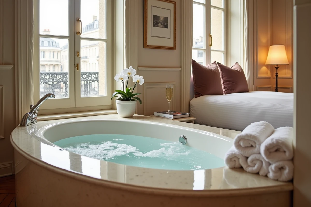 Chambre d'hôtel parisienne avec jacuzzi privatif près de la fenêtre, décoration Haussmannienne raffinée et literie blanche