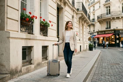 Femme avec valise devant un hôtel haussmannien à Paris pour un itinéraire à pied