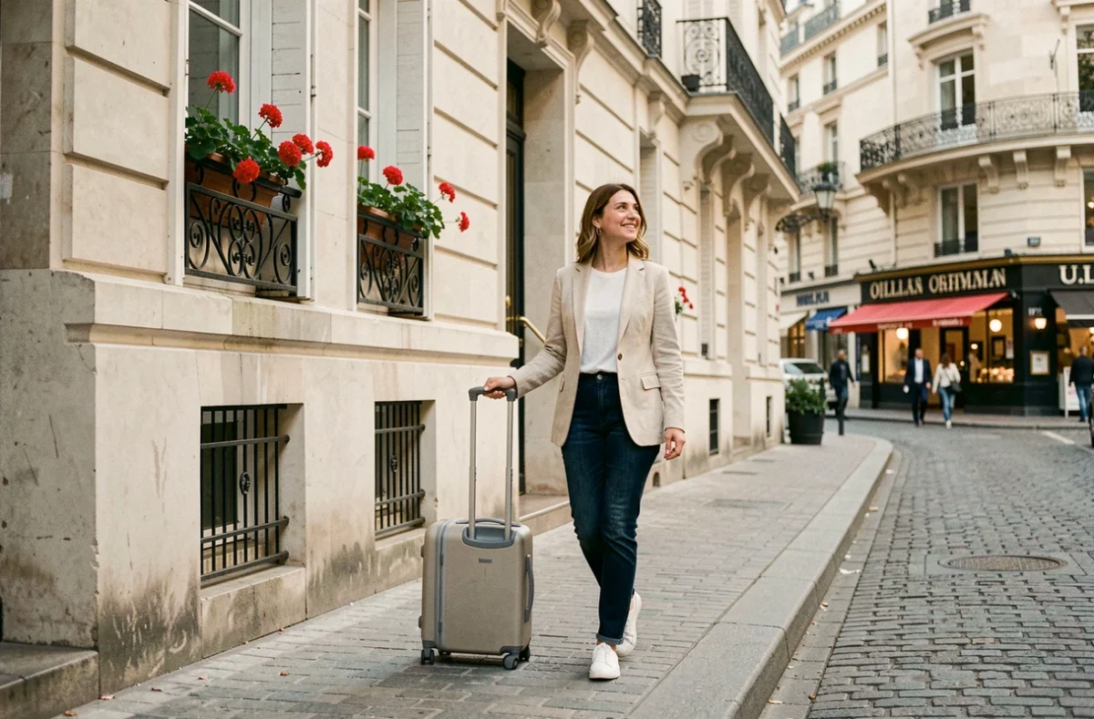 Femme avec valise devant un hôtel haussmannien à Paris pour un itinéraire à pied