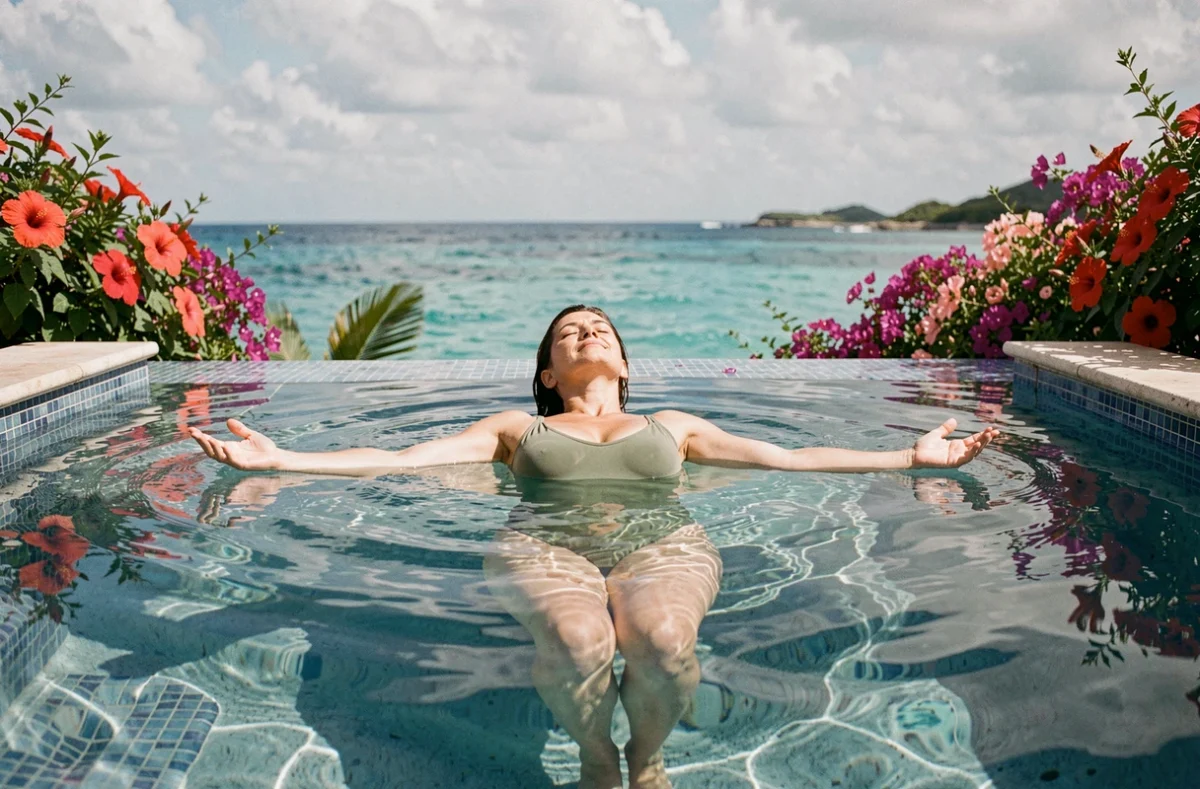 Femme se relaxant dans une piscine à débordement d'un hôtel tout compris en Guadeloupe avec vue sur l'océan