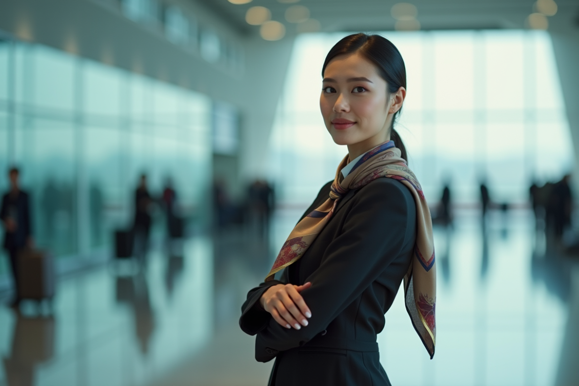 Hôtesse d'aéroport en uniforme et foulard élégant