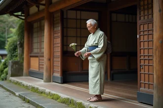 Homme âgé en kimono arrange une fleur devant un ryokan ancien