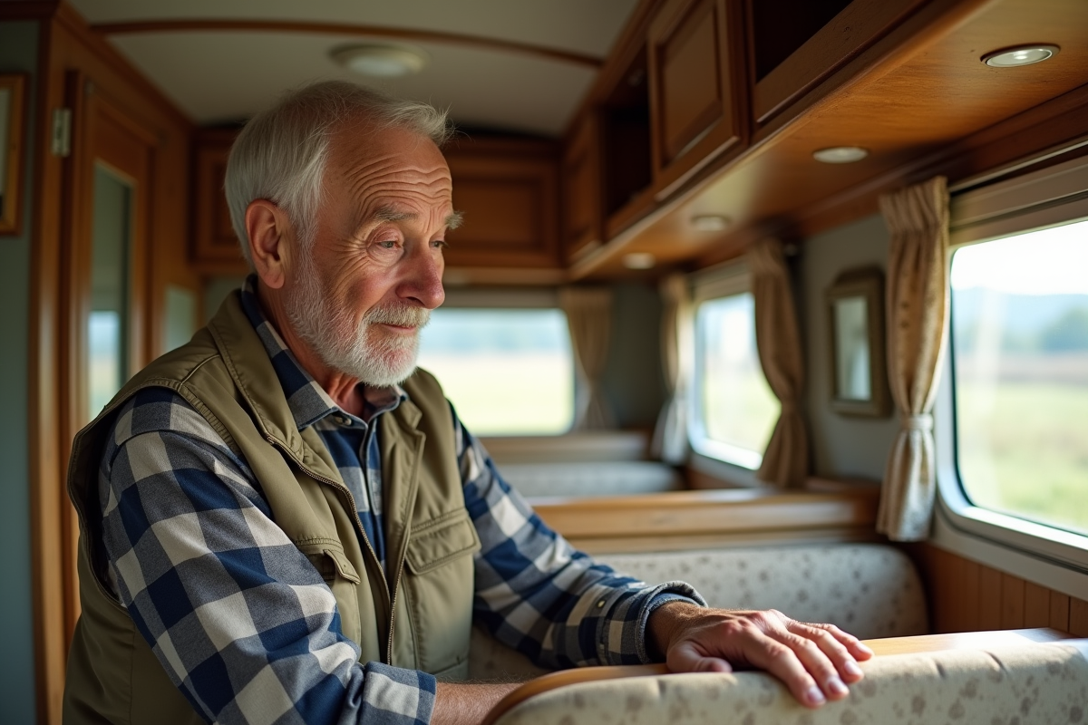 Homme âgé inspectant l’intérieur d’une caravane ancienne
