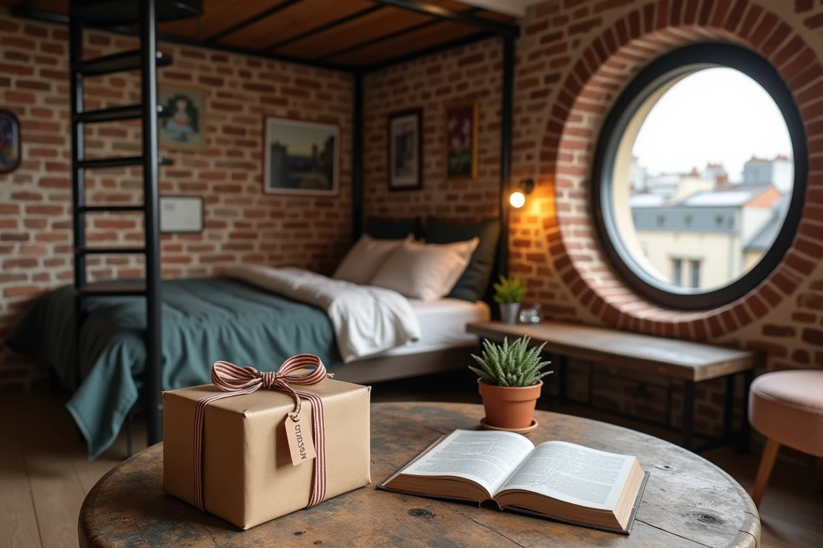 Intérieur insolite d'un logement atypique à Paris avec cadeau emballé posé sur une table en bois brut et vue sur les toits