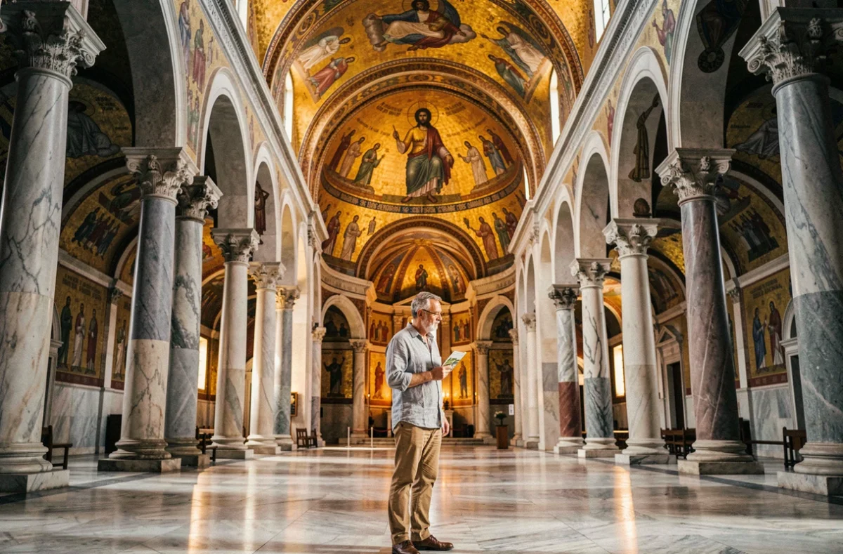 Intérieur de la cathédrale de Monreale avec les mosaïques byzantines dorées et un visiteur admirant la nef principale déserte