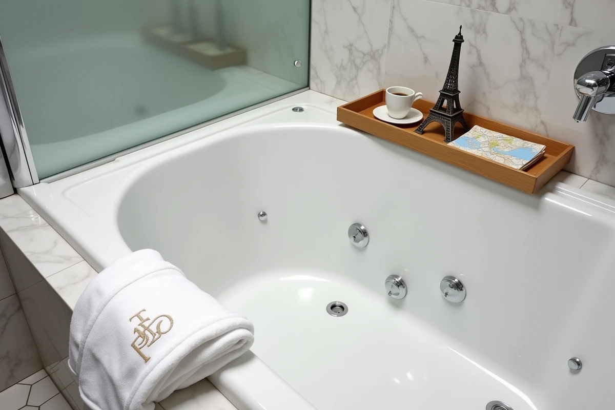 Jacuzzi d'hôtel parisien en marbre blanc avec peignoir brodé et plan du métro de Paris posé sur plateau en bois