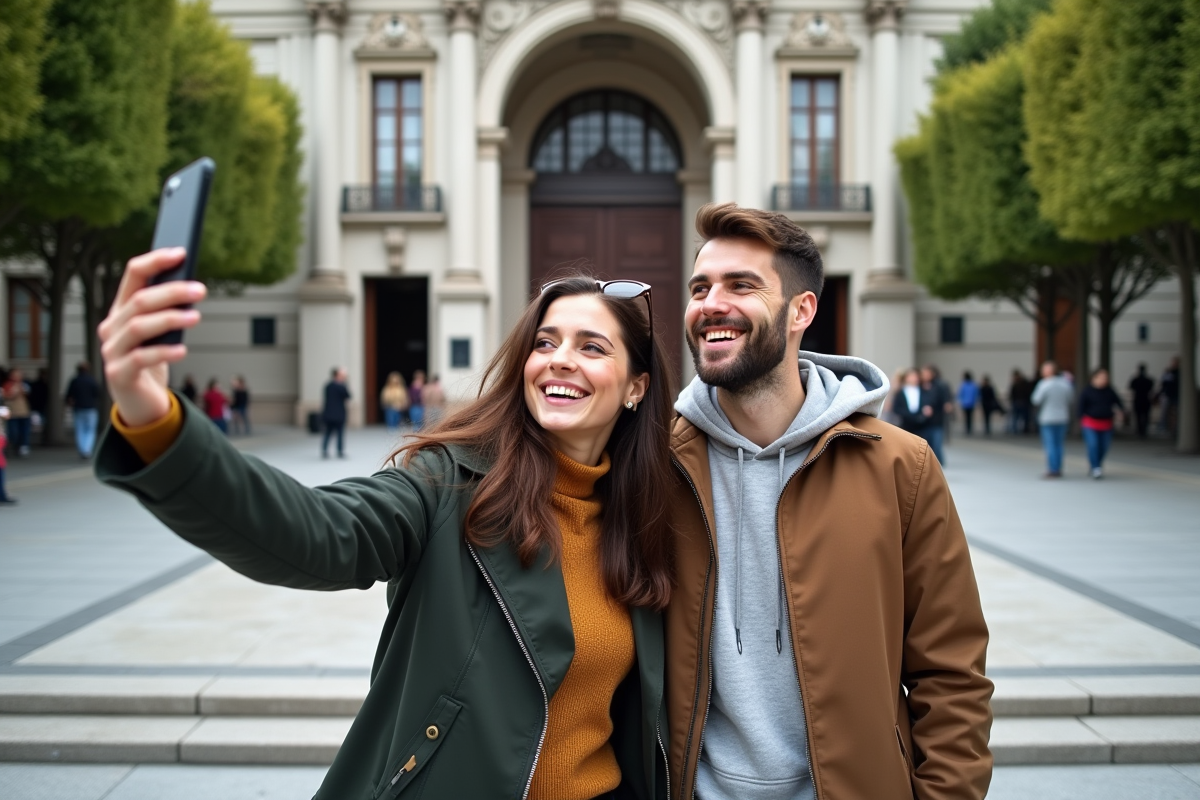 Jeune couple posant devant le Prado à Madrid