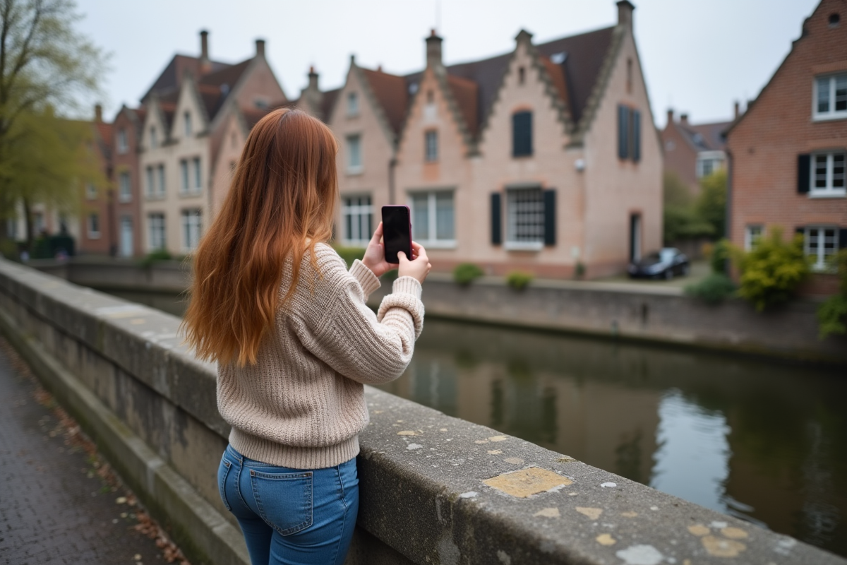 Jeune femme prenant photo des canaux de Bruges