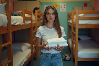 Jeune femme dans un dortoir avec serviette pliée