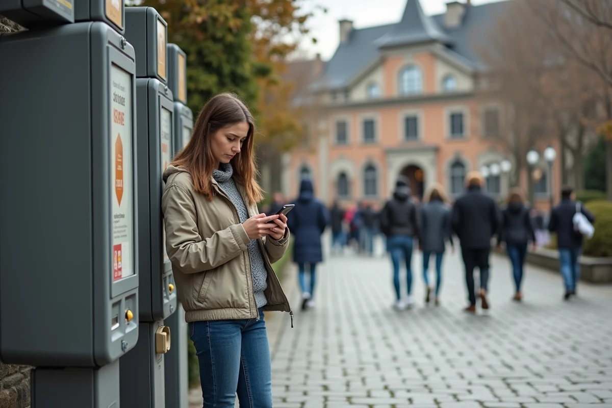 Jeune femme regardant son smartphone près d un ancien distributeur