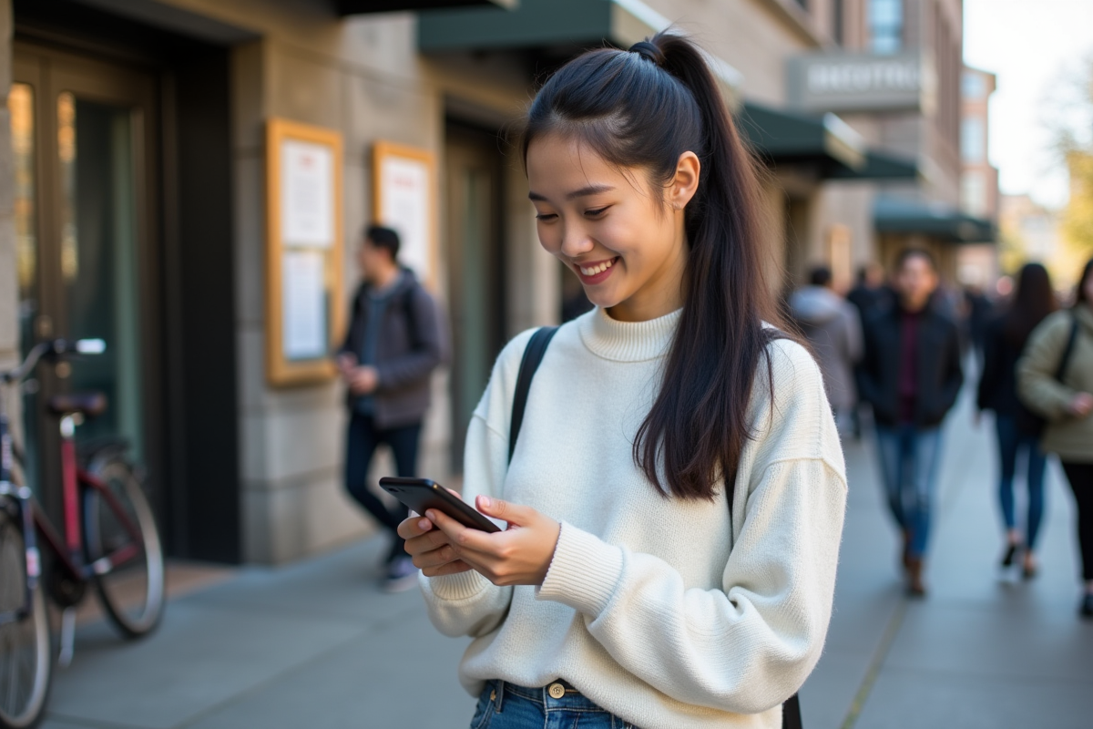 Jeune femme inscrivant à un événement devant un bâtiment urbain