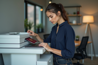 Jeune femme place son passeport sur un photocopieur au bureau