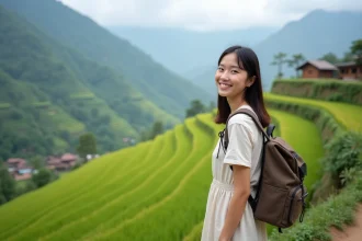 Jeune femme souriante sur une riziere a Sapa Vietnam