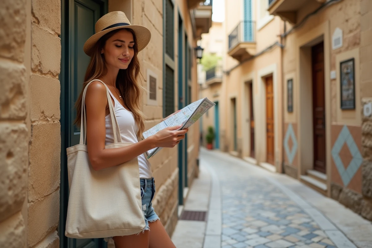 Jeune femme avec chapeau et carte dans une rue maltaise