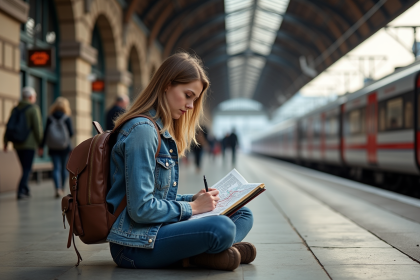Jeune femme en gare avec carte et carnet de voyage