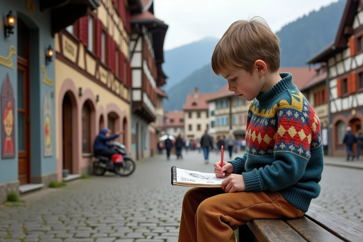 Jeune garçon dessinant une fresque dans la place principale