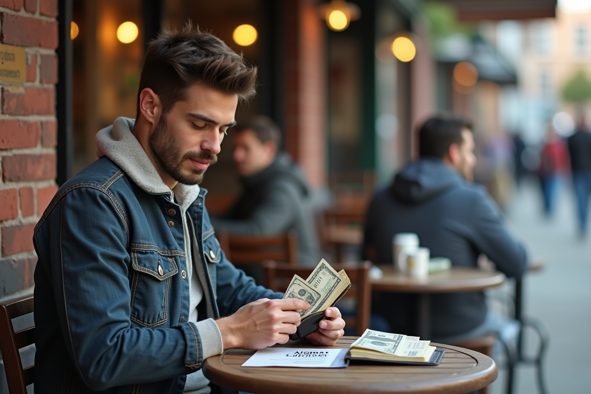 Jeune homme vérifiant ses dollars dans un café urbain