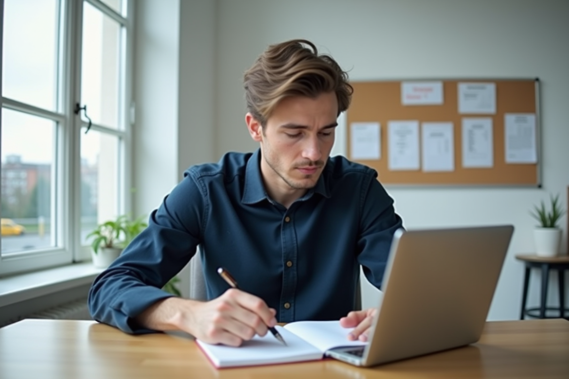 Jeune homme concentré à son bureau en intérieur
