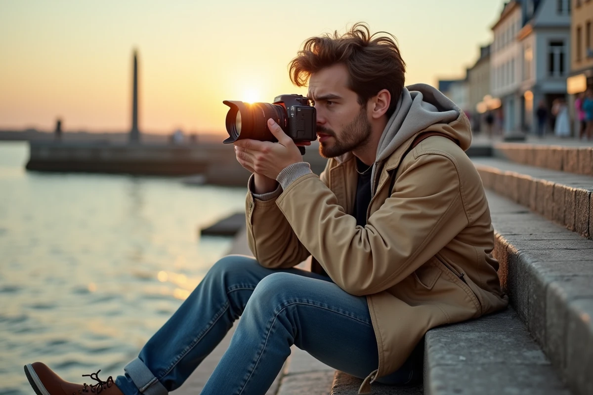 Jeune homme prenant le coucher de soleil à Honfleur