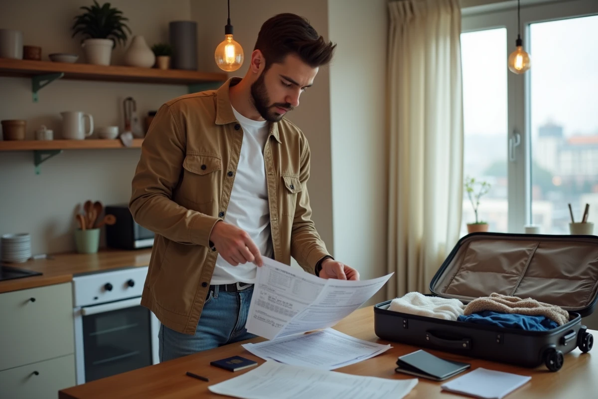 Jeune homme organise ses documents de voyage à la maison