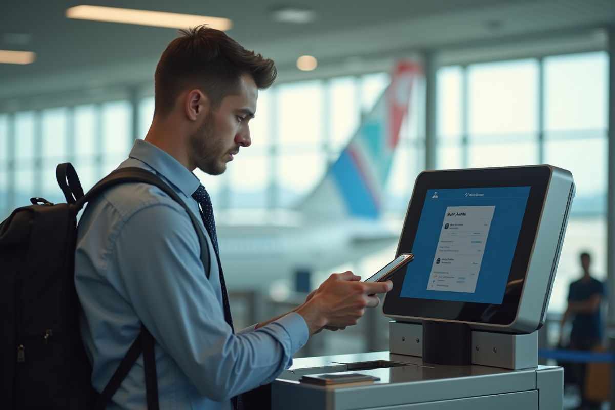 Jeune homme scannant son billet sur smartphone à la porte d