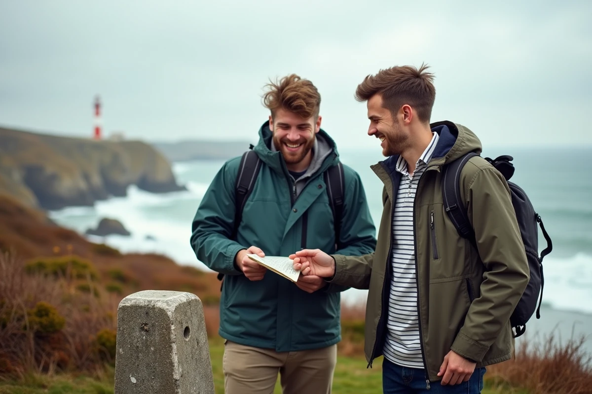 Deux jeunes hommes discutant sur le sentier côtier