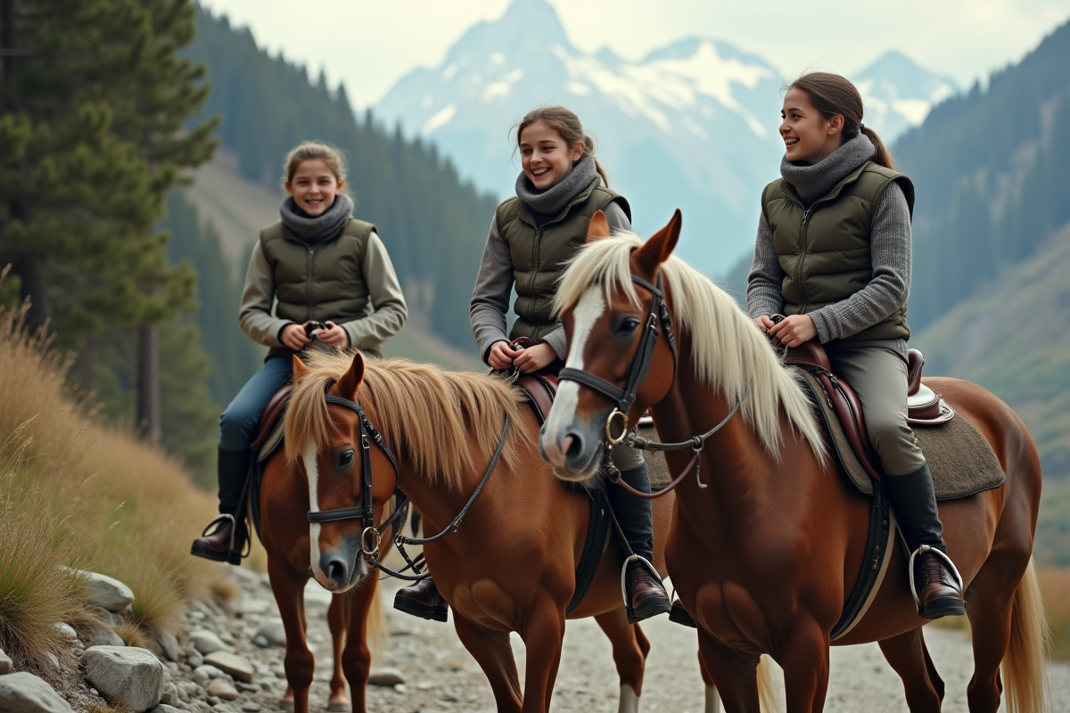 Trois adolescents souriants près de leurs poneys en montagne
