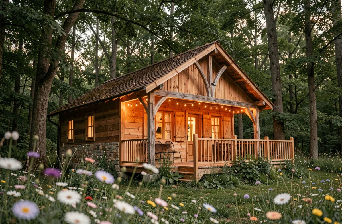 Cabane artisanale L'Instant Magique entourée de fleurs sauvages et de forêt dense au crépuscule en Périgord Noir, J&J Locations