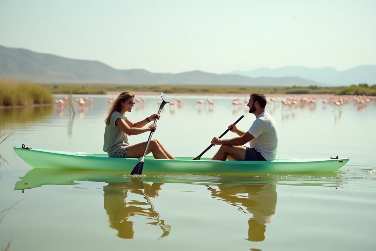 Couple en kayak transparent sur l'étang de Leucate avec reflets de ciel et flamants roses en arrière-plan