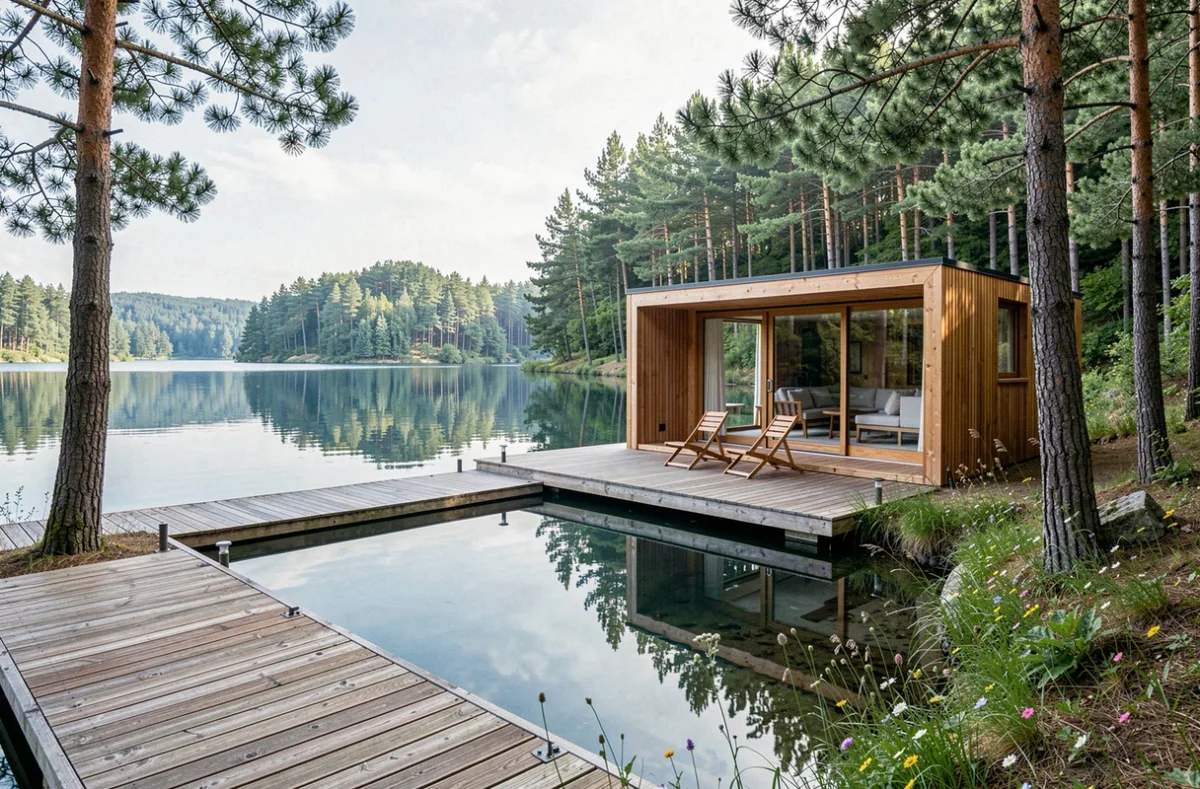 Lodge en bois moderne sur berge d'un lac privé avec ponton et reflets de forêt dans l'eau calme, LACabane Lodge Nature en Dordogne