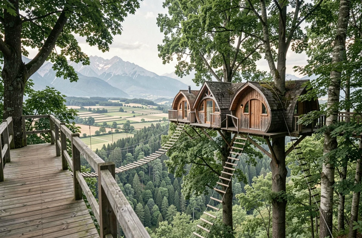 Cabanes perchées en forme de nids construites dans les arbres avec passerelles suspendues et vue sur la campagne du Béarn à Loubieng, Les Nids du Béarn