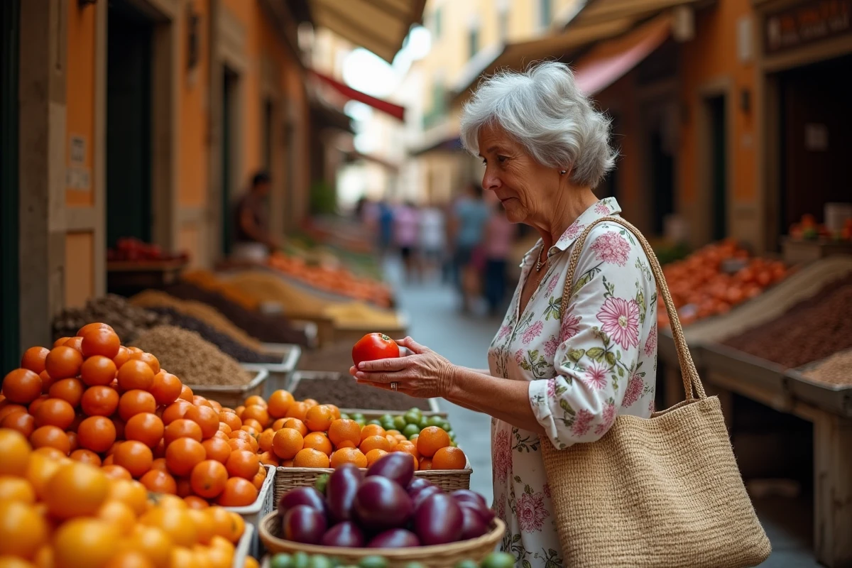 Femme sicilienne faisant ses courses au marché de Ballarò à Palerme, entourée de fruits et légumes frais colorés