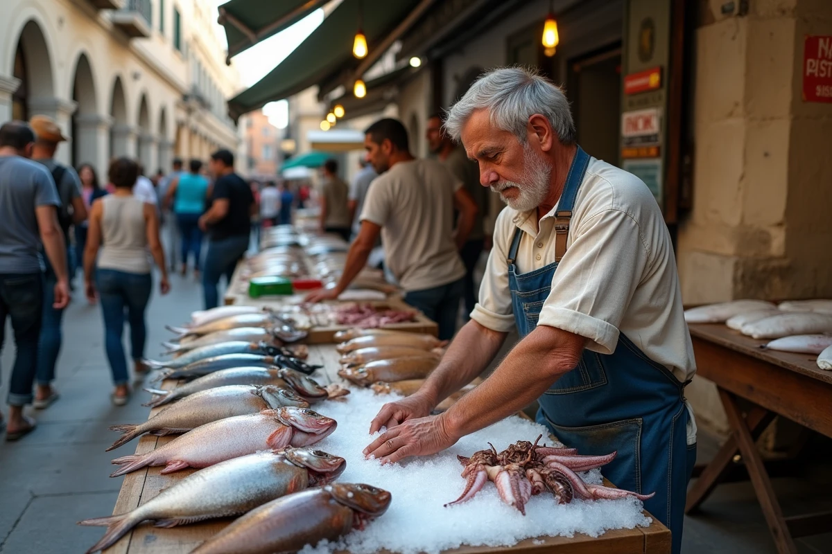 Marché aux poissons artisanal du port de Monopoli avec un pêcheur local présentant sa pêche du jour