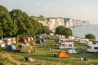 Vue panoramique d'un camping normand en Seine-Maritime avec tentes colorées, caravanes et falaises de craie en arrière-plan