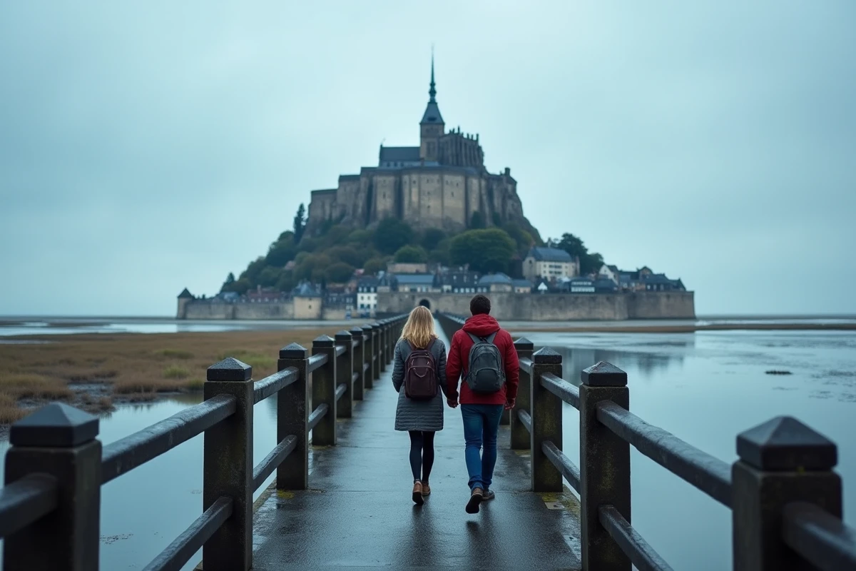 Couple de touristes sur le pont du Mont-Saint-Michel en Normandie lors d'une marée haute
