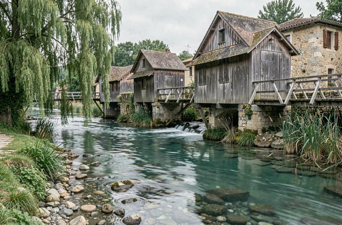 Cabanes flottantes en bois construites au-dessus d'une rivière claire et rocailleuse au Moulin de la Jarousse en Dordogne