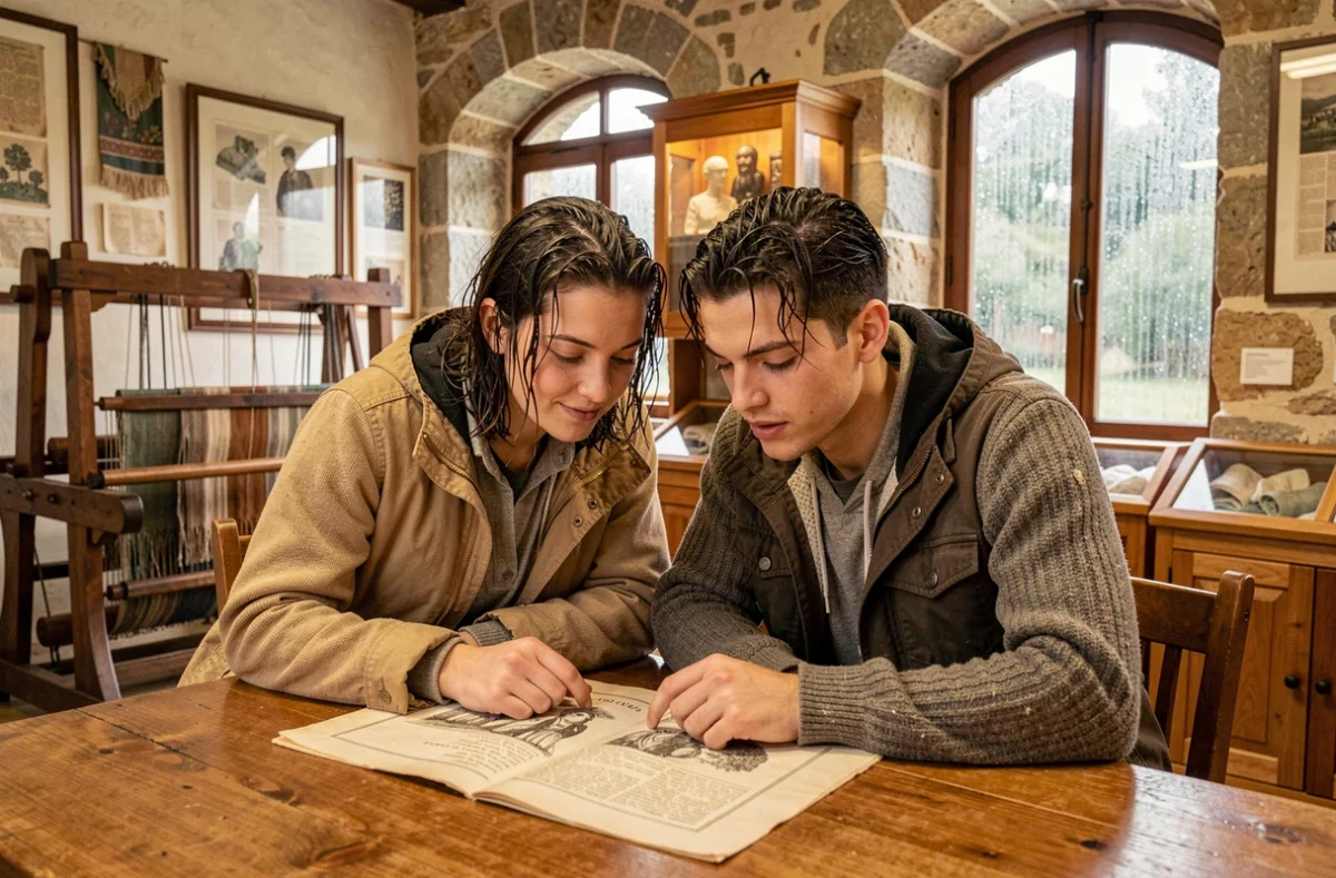 Couple visitant un musée de la soie en Ardèche un jour de pluie, patrimoine textile et métiers anciens