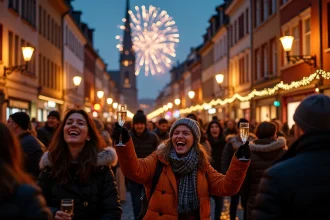 Fête du Nouvel An à Strasbourg avec foule rassemblée devant la cathédrale lors d'un feu d'artifice hivernal