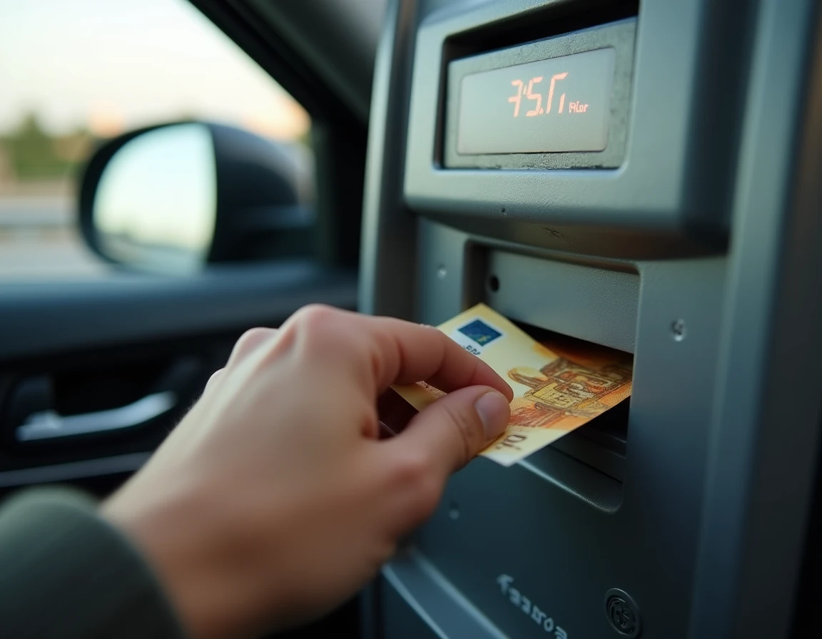 Main d'un conducteur insérant un billet en euros dans un terminal de péage automatique sur une autoroute espagnole