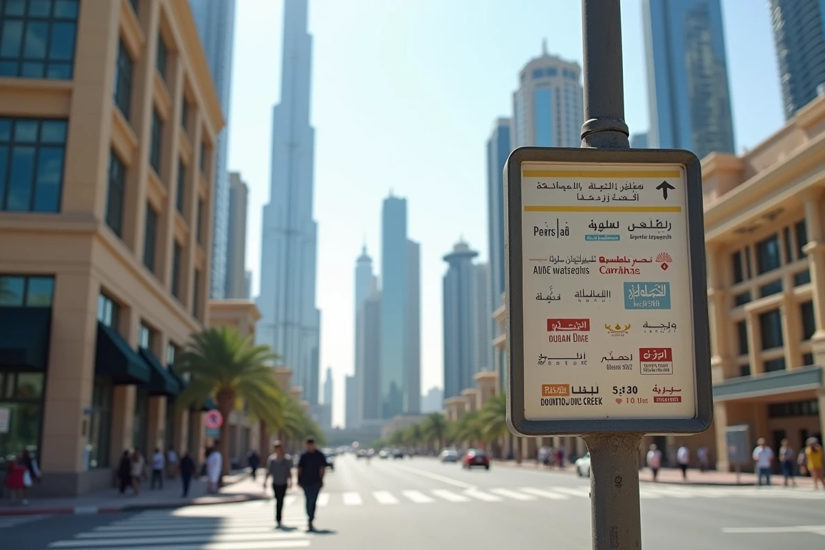 Panneau de navigation urbaine bilingue à Dubaï avec le Burj Khalifa en arrière-plan