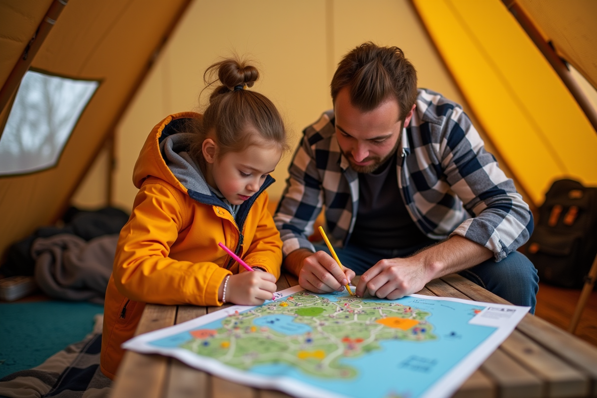 Père et fille dessinant une carte dans une tente