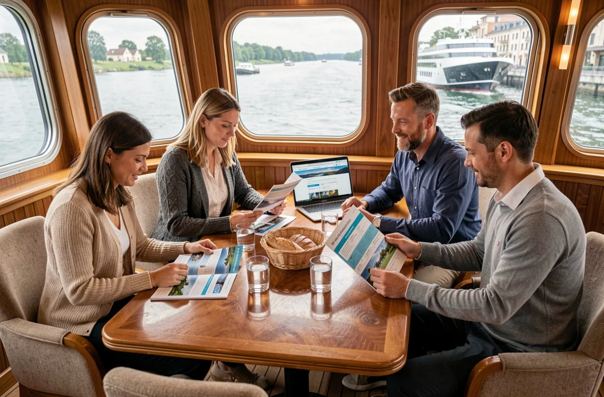 Groupe de passagers comparant des offres de croisière sur le Rhin dans le salon d'un bateau fluvial