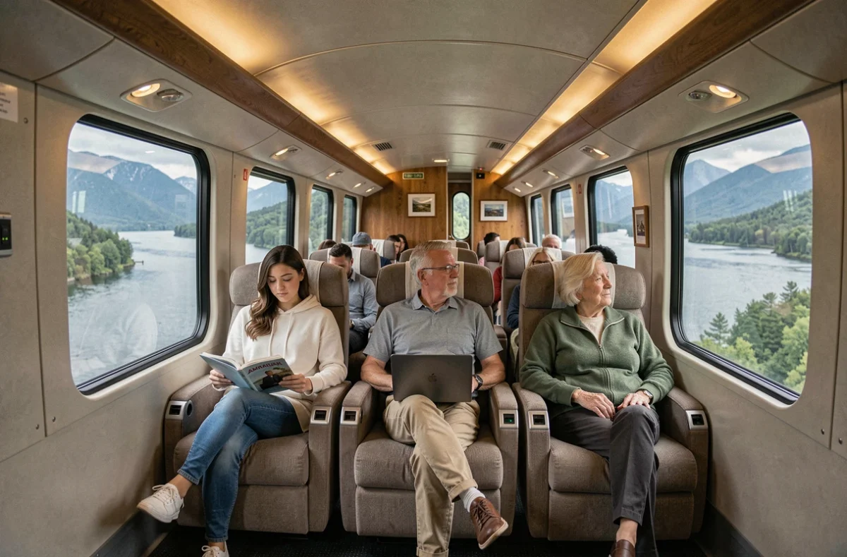 Passagers dans un wagon Amtrak traversant un paysage montagneux lors du trajet entre New York et Montréal